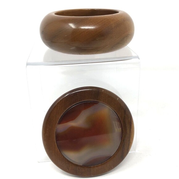 Hand Crafted Wood Trinket Box with Agate Stone Inlay Lid Artisan Made in Brazil - Picture 4 of 9